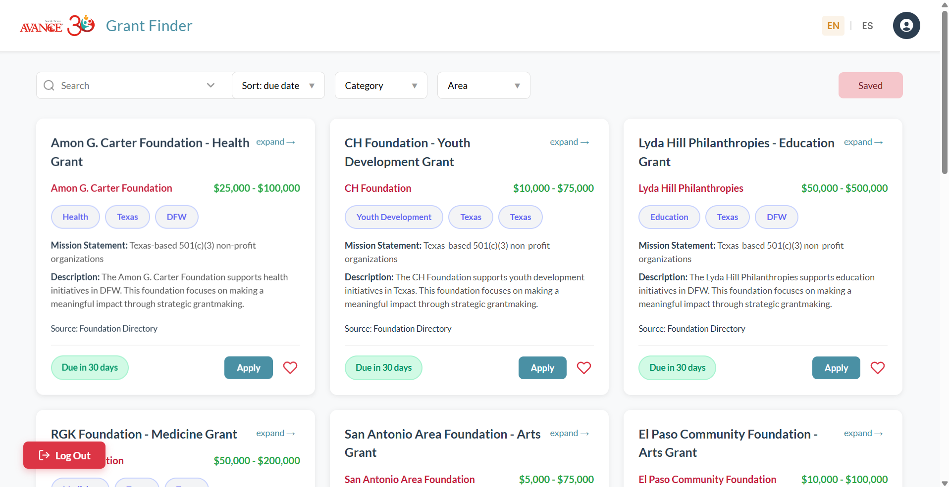 AVANCE Dallas Grant Finder Screenshot